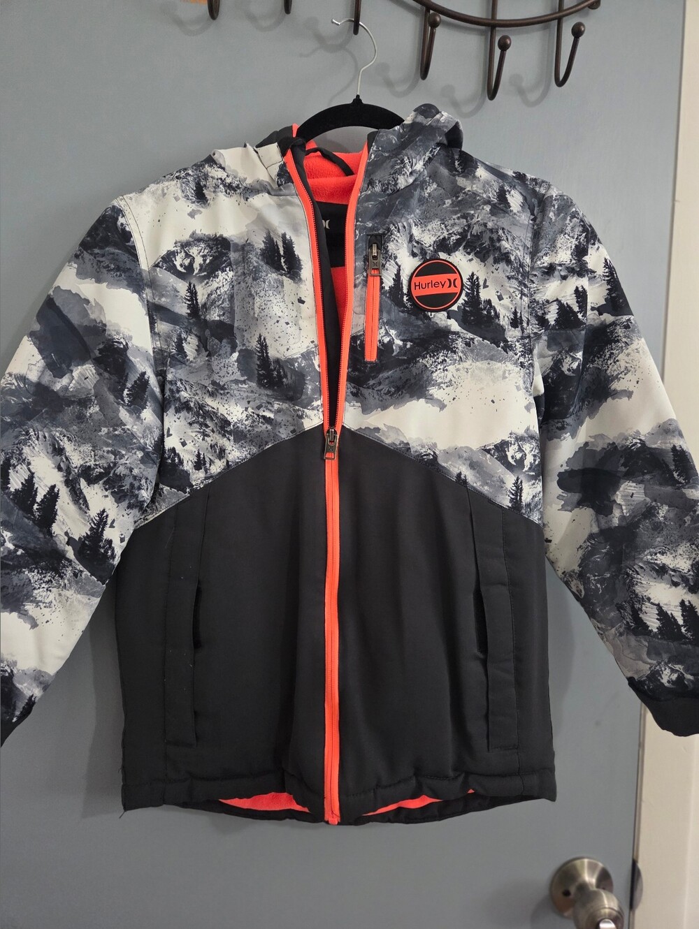 Hurley Kids' Black & White Mountain Print Hooded Jacket with Coral Trim